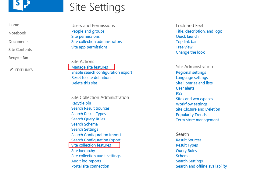 SharePoint Site settings